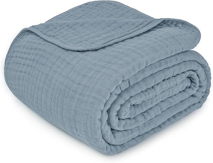 Comfy Cubs Muslin Throw Blanket - 50” x 60” Quilted Design - Lightweight, Breathable 6-Layer Gauze Fabric - Soft Cotton Blanket for Home or Travel - Packaged in Elegant Gift Box - Pacific Blue