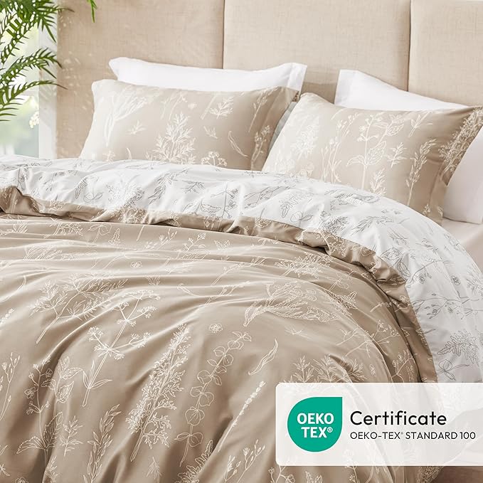 Love's cabin Light Taupe Comforter Set Queen - Queen Size Comforter Set, 3 Pieces Cute Floral Bedding Sets for All Seasons,1 Soft Reversible Botanical Flowers Comforter and 2 Pillow Shams