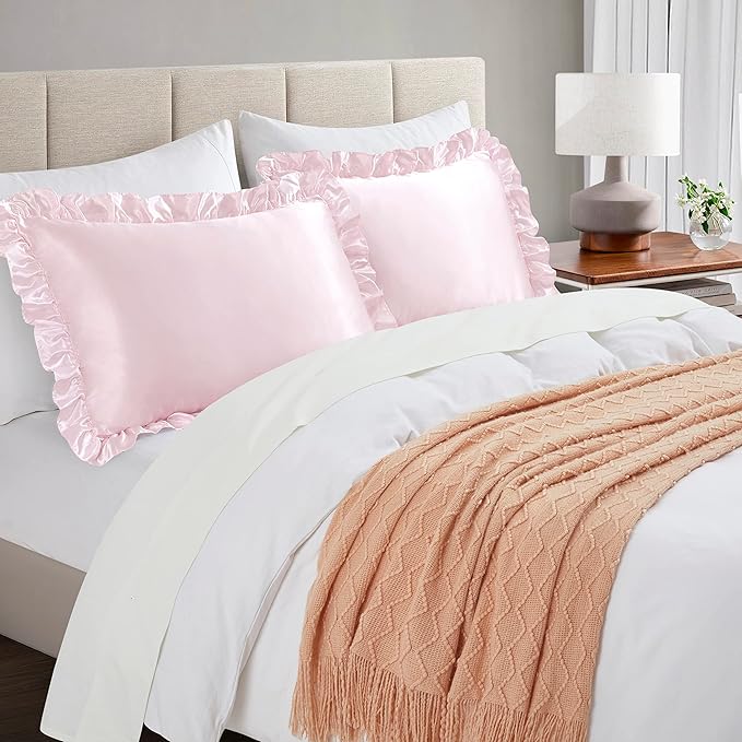 Silky Satin Ruffled Pillow Cases for Hair and Skin,Blush Pink Silk Pillowcases King Set of 2 with Envelope Closure Princess Room Decoration