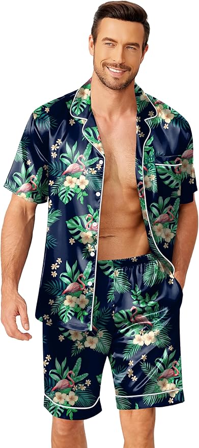 Ekouaer Mens Pajamas Set Silk Satin Sleepwear Short Sleeve Button Down Pjs Set 2 Piece Loungewear with Pockets S-XXL