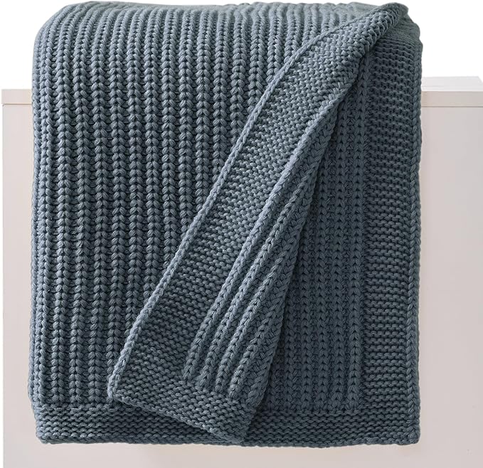 Chunky Knit Dusty Blue Throw Blanket Soft Cozy Decorative Blanket for Couch Sofa Bed Living Room, Spring Throw 50"x60"