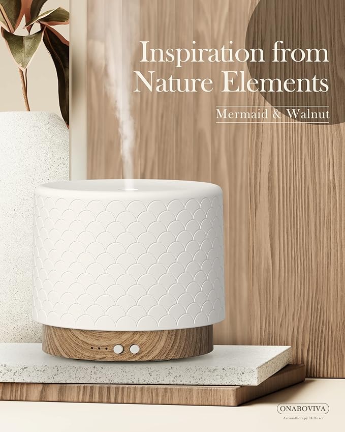 Essential Oil Diffuser -280ml Ceramic Diffuser for Large Room&Commercial Use, 2.4MHz Cool Mist Humidifier & Independent Decorative Light & Aromatherapy Diffuser,2 Mist,Timer,Auto-Off