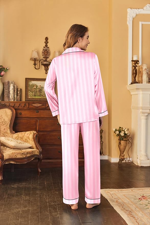 Ekouaer Women's Classic Button Down Long Satin Silk Pajama Set