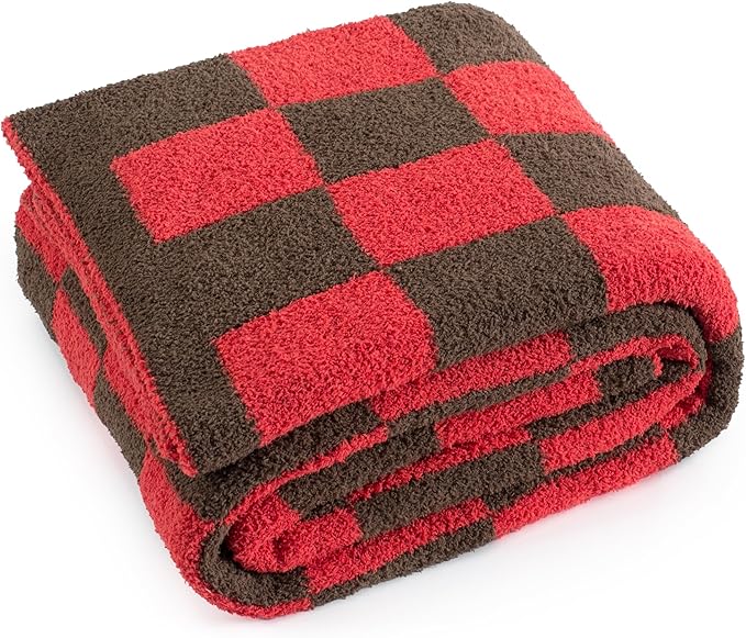 Carriediosa Checkered Throw Blanket 50" X 60", 400GSM Ultra Soft Microfiber Fuzzy Fluffy Reversible Cute Preppy Knitted Blankets Cozy Plush Fall Throws for Couch, Bed, Sofa, Red and Brown