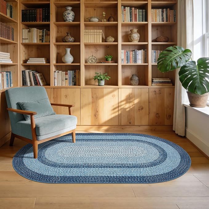 5x8 Oval Living Room Area Rug Washable Modern Border Bedroom Bedside Area Rugs Non Slip Low Pile Dining Room Oval Throw Carpet Contemporary Rugs for Living Room Kitchen Nursery, Blue