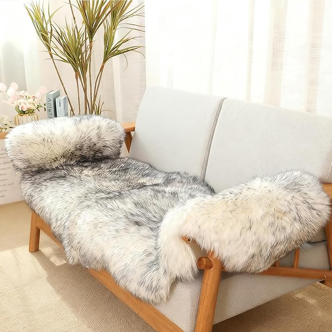 Genuine Sheepskin Rug with Little Patches-Real Wool Throw Carpet Pad for Bedroom Floor Living Room Sofa Fur(Wolf Tipped, 2FT×6FT Patchwork)