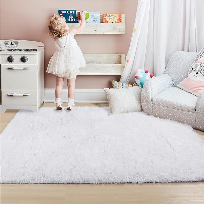 White Area Rugs for Bedroom Living Room, Fluffy Shag Rug 5x7 for Kids Room Decor, Modern Furry Plush Rugs for Baby Nursery, Teen Girls Boys, Cute Fuzzy White Fur Carpet for Dorm, Home Office, Playroom