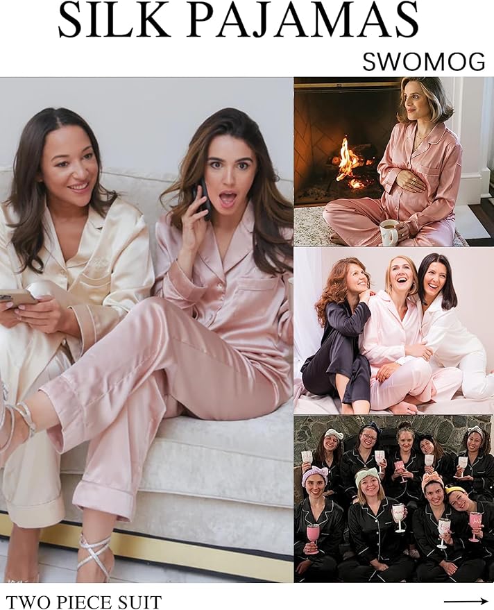 SWOMOG Long Sleeve Pajamas Set Silk Satin Sleepwear Button Down Pjs Loungewear with Pocket