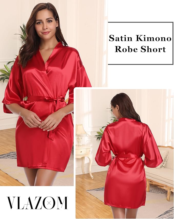 Vlazom Womens Kimono Robes Dressing Gown Satin Bathrobe Nightdress Short Style Bridal Robe