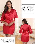 Vlazom Womens Kimono Robes Dressing Gown Satin Bathrobe Nightdress Short Style Bridal Robe