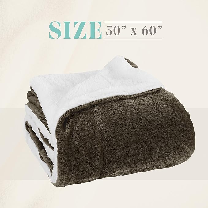 Elegant Comfort Throw Blanket, Reversible Sherpa Flannel, Ultra-Soft, Fuzzy, Cozy and Plush- All Season Lightweight Decorative Throw, 50 x 60 inches, Solid Sherpa Throw, Brown