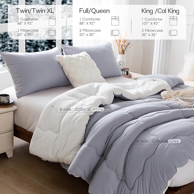 COTTEBED Ultra-Soft Reversible Warm Comforter Set Twin Sized, Winter Milk Cup Grey White Breathable Bedding Down Alternative Comforter for Boy Kids Girl School College Dorm Christmas, Twin/TwinXL