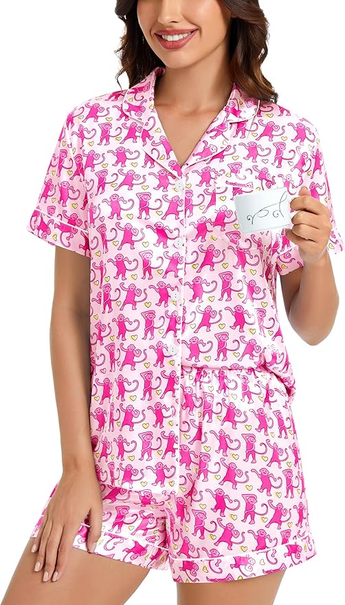 SWOMOG Womens Silk Satin Pajamas Set Short Sleeve Sleepwear Button Down Top and Shorts Loungewear 2 Piece Pjs Set XS-3XL
