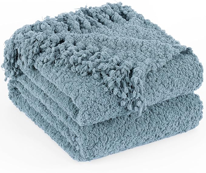 Throw Blanket for Couch, Dusty Blue Luxury Knitted Throws 60"x80", Textured Blankets with Handmade Fringe Tassels for Bed Sofa Decorative, Chunky Soft Farmhouse Boho Home Decor