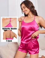 Ekouaer Silk Satin Pajamas Set for Women T-back Lingerie Pjs Cami Top and Shorts Sleepwear Gift for Honeymoon Party