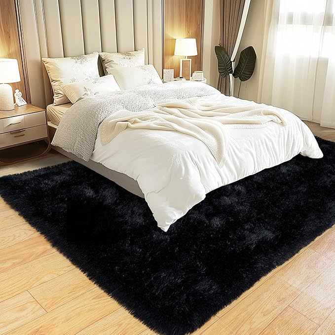 KING DARE 8x10 Area Rugs for Living Room, Soft Plush Fluffy Shaggy Fuzzy Furry Large Black Rug, Anti-Slip Washable Modern Big Floor Carpet for Bedroom Aesthetic Home Decor
