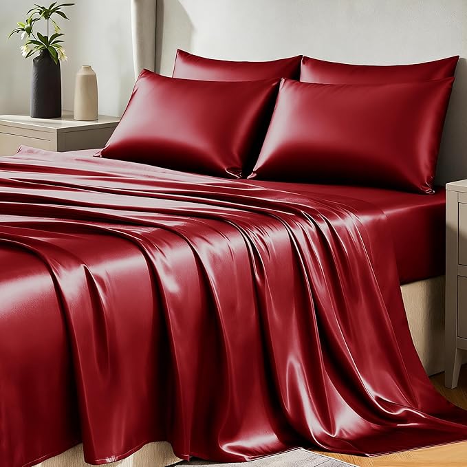 CozyLux Satin Sheets Full Size Sheets - 6 Piece Silky Full Size Bed Sheets, Luxury Burgundy Full Bed Set with Smooth and Soft Microfiber, Includes 1 Fitted Sheet, 1 Flat Sheet and 4 Pillowcases