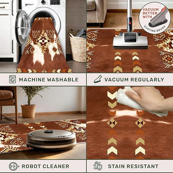 Cowhide Rugs for Kitchen,2.6x7ft,Cow Print Runner Rug for Hallway,Southwestern Decor Tribal Rug,Aztec Decor Western Rugs,Soft, Non-Slip, and Machine Washable Rustic Farmhouse Runner Carpet