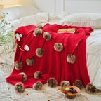 vctops Christmas Fur Pom Pom Knit Throw Blanket Super Soft Warm Cozy Cable Knitted Blanket for Sofa and Couch 51 x 63 Inch Red