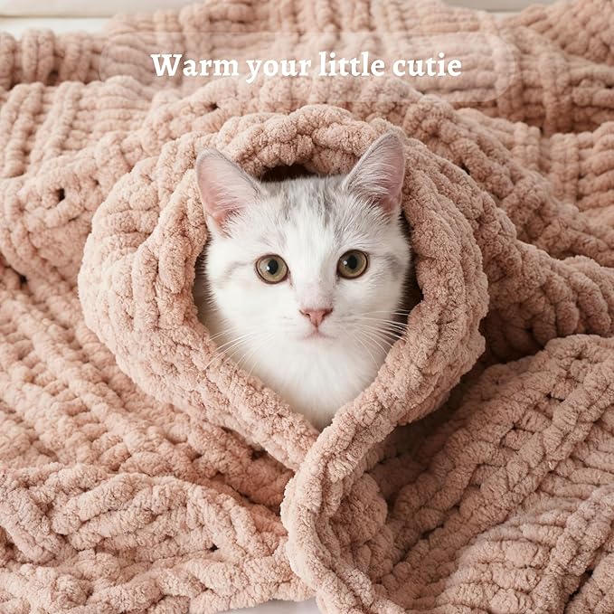 Battilo Chunky Knit Throw Blanket for Couch, 50"x60", Pink Chenille Throw Blanket, Super Soft Cozy Warm Cable Knitted Blankets for Bed, Sofa, Living Room