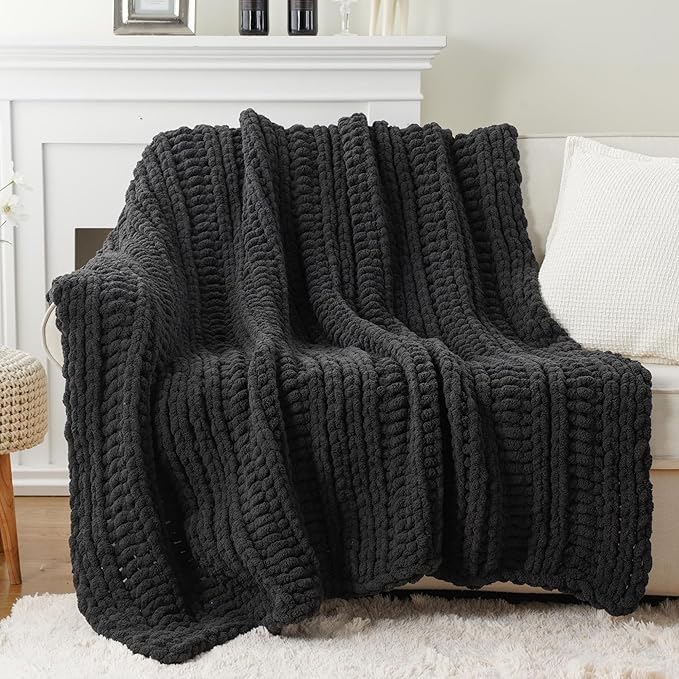 Battilo Chunky Knit Throw Blanket for Couch, Dark Grey Chenille Throw Blanket Thick Warm Cozy Soft Cable Knitted Blanket for Sofa,Bed, Living Room, 50"x60"