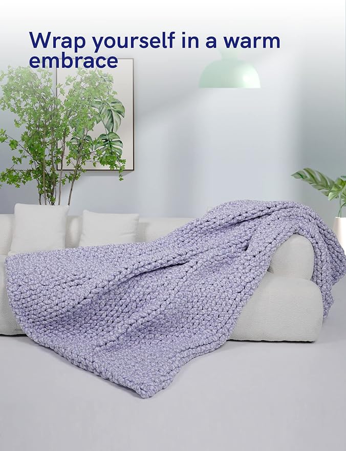 YnM Weighted Blanket, Handmade Chunky Knitted Design, Soft and Cozy, Temperature Regulating and Breathable, Machine Washable Throw for Sleep or Home Decor (Purple Fancy Yarn, 50x60 Inch, 10lbs)