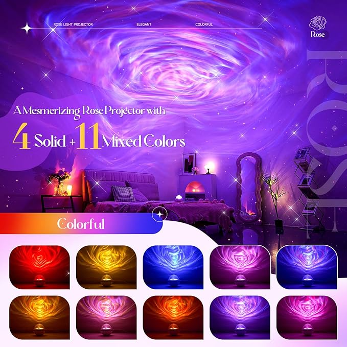 PIKOY Ambient Lighting with 11 Mixed+4 Solid Colors for Teen Girl Gifts Trendy Stuff Rose Flower Mood Light Sunset Lamp Dimmable Night Light Projector for Bedroom with Remote Mothers Day Gifts for Mom