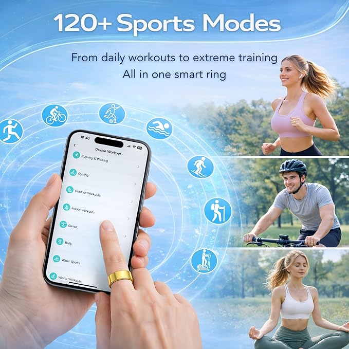 Smart Ring Health & Fitness Tracker for Men & Women – Sleep, Heart Rate, SpO₂, HRV & Stress Tracking – BP & Women Health Support, 180+ Sport Modes, IP68 Waterproof, No Subscription Fee (Gold, 8)