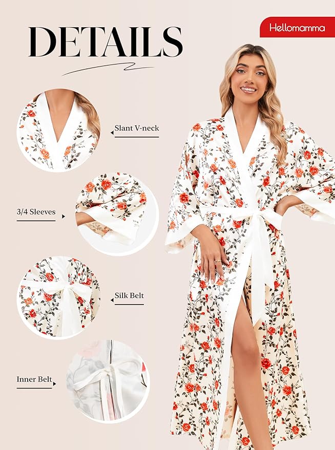 Hellomamma Womens Satin Silk Robe: Lightweight 3/4 Sleeve Comfy Floral Print Kimono Sleepwear for Bride Wedding Party Gift