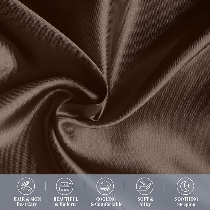 Elegant Comfort 4-PACK Chocolate Brown Satin Pillowcase Set with Hidden Zipper closure, Silky Smooth for Hair and Skin Care-Beautiful Gift Box-4-Piece Satin Pillowcases, Standard/Queen