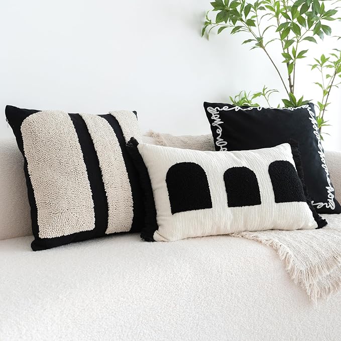 Black White Boho Fringe Tasseled Pillow Cover, Neutral Decorative Rectangular Throw Pillow Case, Geometric Modern Sham for Bed Couch Living Room, 12x20 inches, 1PCS