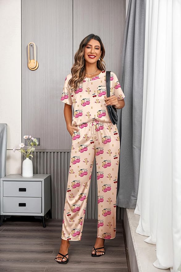 Ekouaer Womens Satin Silky Pajama Set Short Sleeve Shirt with Long Pajama Pant Set Soft PJ Loungewear