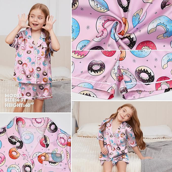 QPANCY Kids Satin Pajamas Sets Baby Boy Girl Button-Down Silk Sleepwear 2 Piece Short Sleeve Loungewear Clothes Set