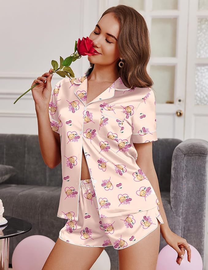 Ekouaer Womens Silk Satin Pajamas Short Sleeve PJS Shorts Set Soft Button Down Sleepwear 2 Piece Loungewear S-5XL