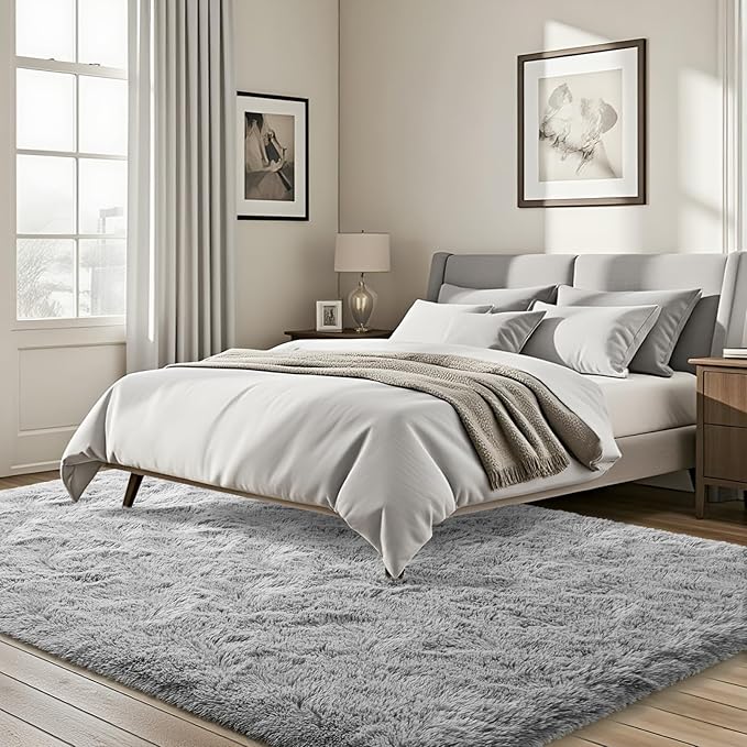 ISEAU Fluffy Dorm, College, Apartment, Bedroom Rug, 4 x 6 Feet Shaggy Area Rugs Floor Mat for Living Room Fuzzy Carpet Comfy Nursery Mats Bedside Kids Boys Room Home Decor, Grey