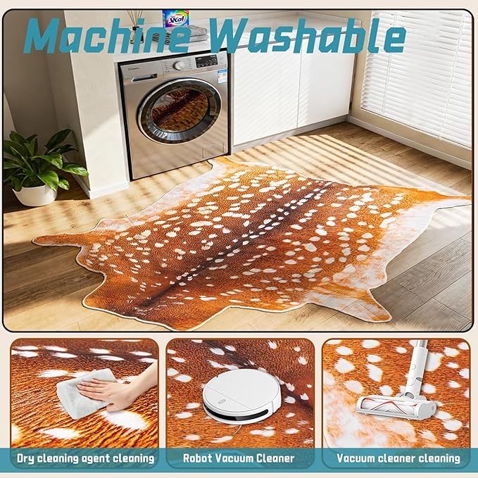 Deer Rug Faux Fur Deer Print Rug, 4.6x5.2 Feet Irregular Shaped Animal Hide Rugs, Soft Faux Cashmere Antelope Fawn Carpet for Living Room, Bedroom, Cabin, Lodge Western Home Decor