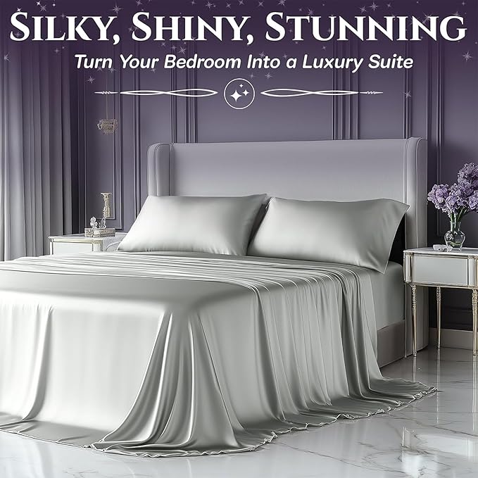 SLEEP SANCTUARY Satin Sheets Full Size – 4 Piece Luxury Silky Bed Set, Softer Than Silk, 15" Deep Pocket, Cooling & Wrinkle-Free, Moisture-Wicking & Breathable for Hair & Skin (Grey)
