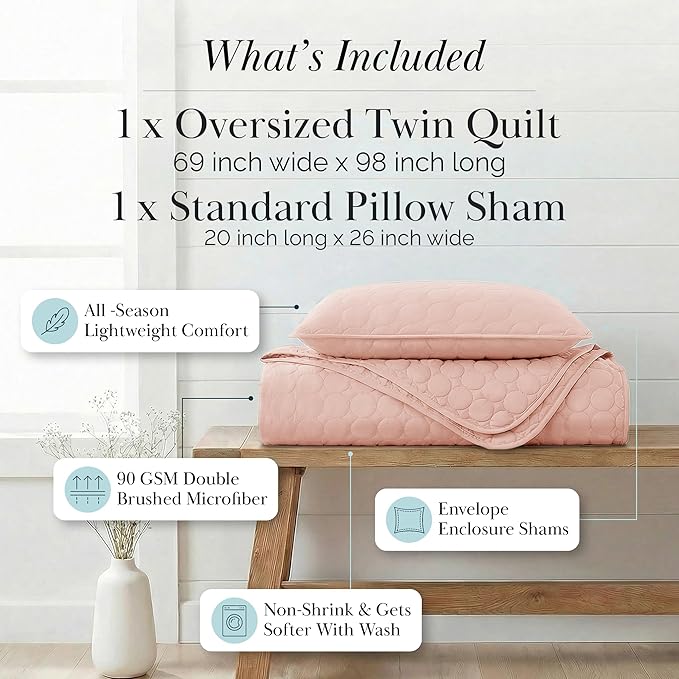 Southshore Fine Living, Inc. Oversized Bedding Quilt, Lightweight Bedding, Twin XL Bedspreads for Adult, Soft Coverlet 2-Piece Set with One Matching Pillow Sham, All Season Twin/XL Quilts, Pastel Pink