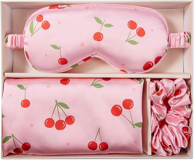 Slumber Satin Beauty Sleep Set, Cherry, 3-Piece Set with Pillowcase, Eye Mask, and Scrunchie