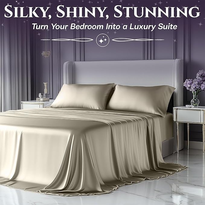 SLEEP SANCTUARY Satin Sheets Twin Size – 3 Piece Luxury Silky Bed Set, Softer Than Silk, 15" Deep Pocket, Cooling & Wrinkle-Free, Moisture-Wicking & Breathable for Hair & Skin (Taupe)