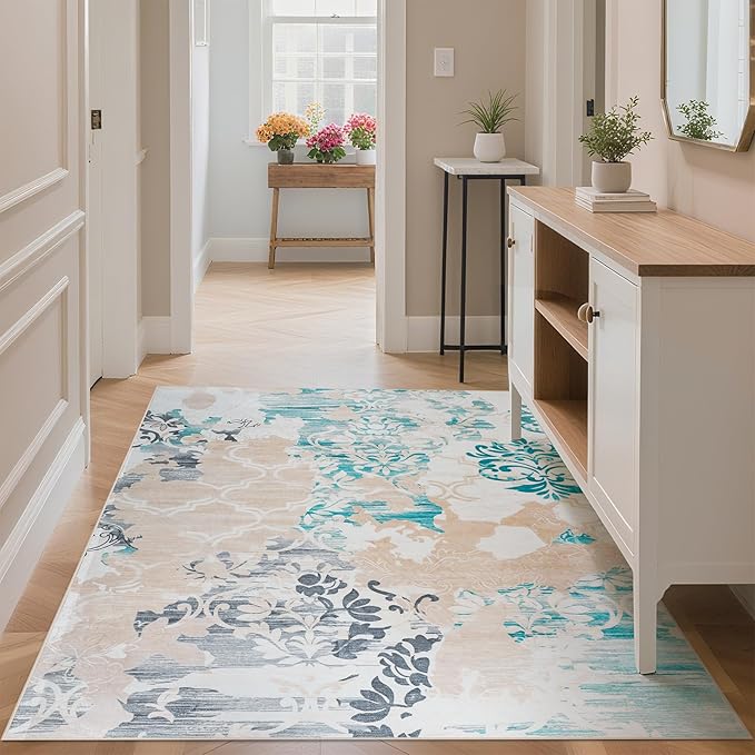 CRYPTOLITE Abstract Area Rug Washable Rug with Non-Slip Backing Low Pile Area Rugs for Living Room, Bedroom, Dining Room,4x6, Blue