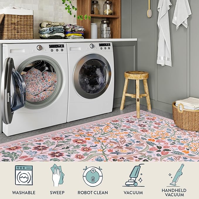 Lahome Floral Pink Boho Rugs for Classroom, 8x10 Flower Washable Rug for Bedroom Girls, Non Slip Botanical Carpet for Living Room Nursery Kids Room, Large Soft Non Shedding Easy to Clean Carpets