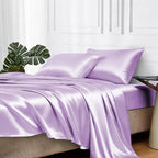 MR&HM Satin Bed Sheets with Elastic Corner Straps, Full Size Sheets Set, 4 Pcs Silky Bedding Set with 15 Inches Deep Pocket for Mattress (Full, Lilac)
