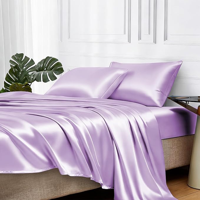 MR&HM Satin Bed Sheets with Elastic Corner Straps, King Size Sheets Set, 4 Pcs Silky Bedding Set with 15 Inches Deep Pocket for Mattress (King, Lilac)