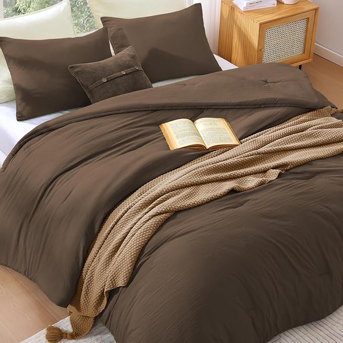 WRENSONGE Full Size Comforter Sets - 3 Pieces Chocolate Brown Comforter Prewashed Soft Lightweight for All Seasons, Fluffy Down Alternative Comforter Full Size with 2 Pillow Shams