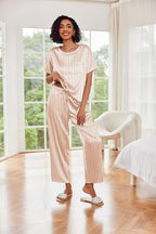 Ekouaer Womens Satin Silky Pajama Set Short Sleeve Shirt with Long Pajama Pant Set Soft PJ Loungewear