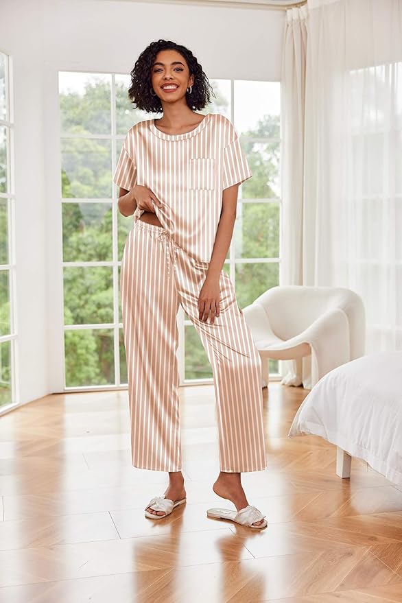 Ekouaer Womens Satin Silky Pajama Set Short Sleeve Shirt with Long Pajama Pant Set Soft PJ Loungewear