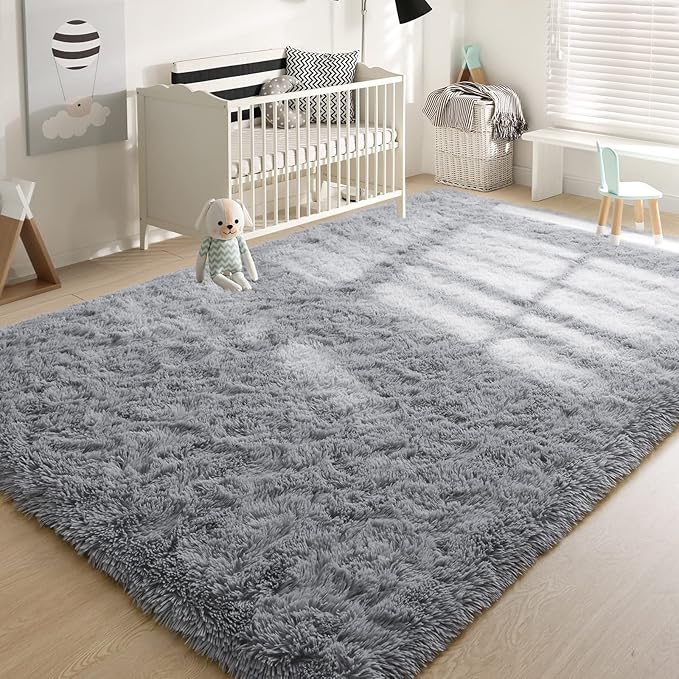 YJ.GWL Area Rugs for Living Room Bedroom, 3x5 Machine Washable Small Grey Bedside Rug, Soft Fluffy Shaggy Thick Shag Indoor Floor Carpet for Kids Boy and Girls Room Preppy Dorm Home Decor Aesthetic