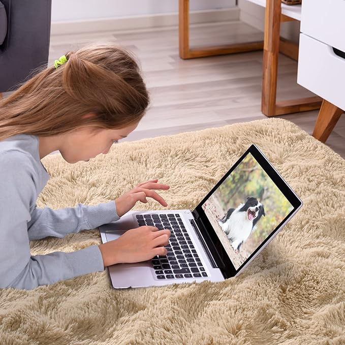 Softlife Beige Area Rug for Bedroom, Fluffy Shag Plush Rugs for Living Room Girls, Shaggy Throw Soft Fuzzy Small Kids Carpet for Dorm Bedside Ultra Cozy Non-Slip Indoor Decor, 4x5.3 Feet
