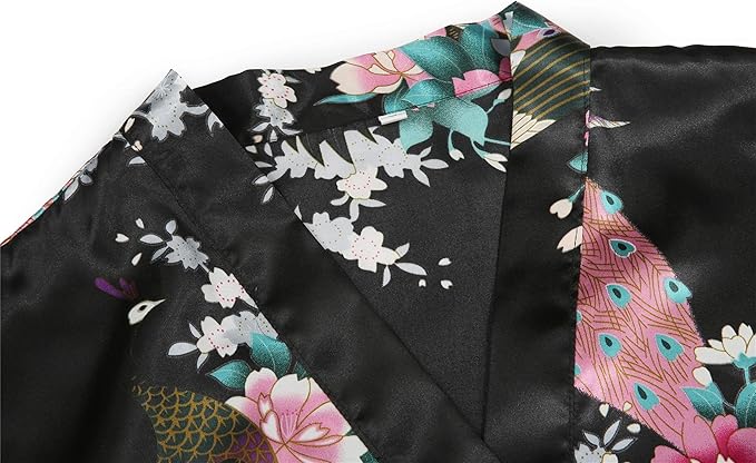 Valennia Women Long Silky Bathrobe Satin Kimono Robe Floral Printed Dressing Gown Sleepwear